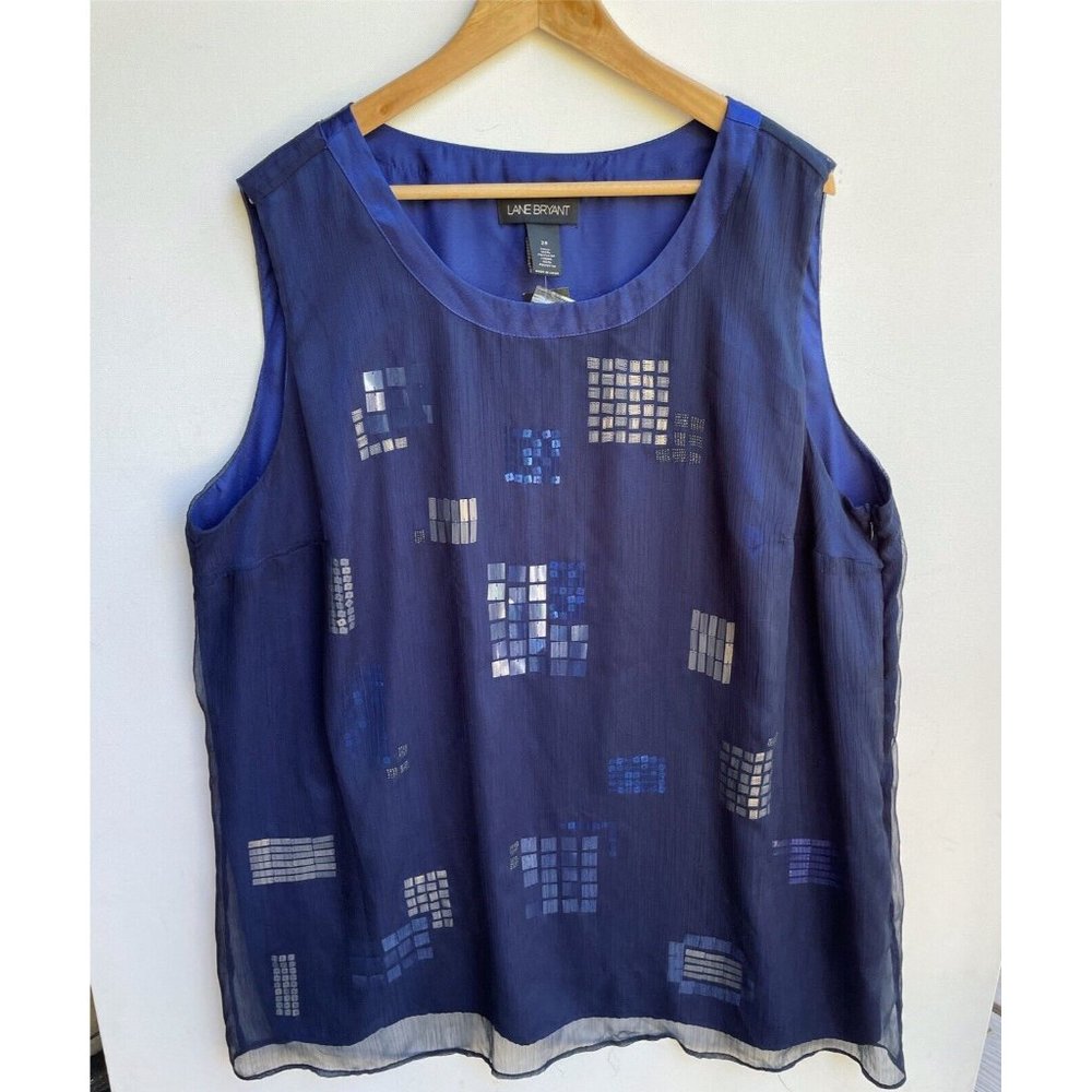 Lane Bryant Size 28 Blue Sleeveless Lined Polyester Embroidered Tunic Blouse NWT